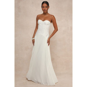 New- Divine Devotion White Embroidered Pleated Strapless Maxi Dress